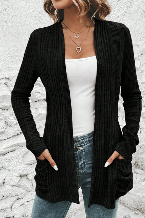 Ribbed Open Front Patch Pocket Long Sleeve Knit Cardigan